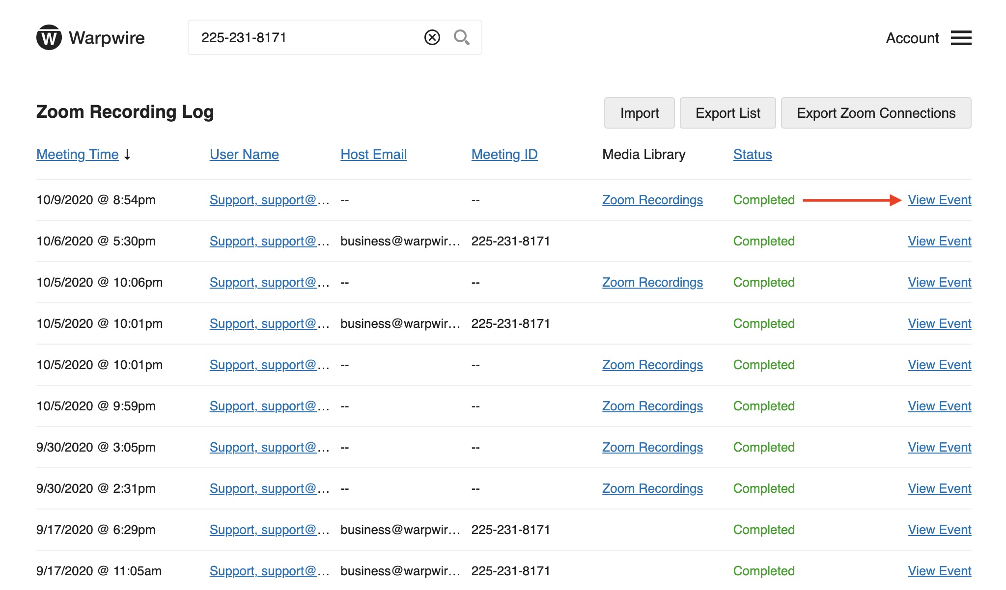 View an event within the Warpwire Zoom Recording Log.