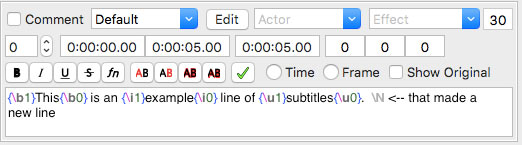 Subtitle text editor, showing associated buttons including a green checkbox