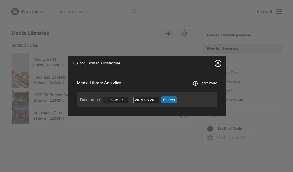 Date range picker for Warpwire Media Library report