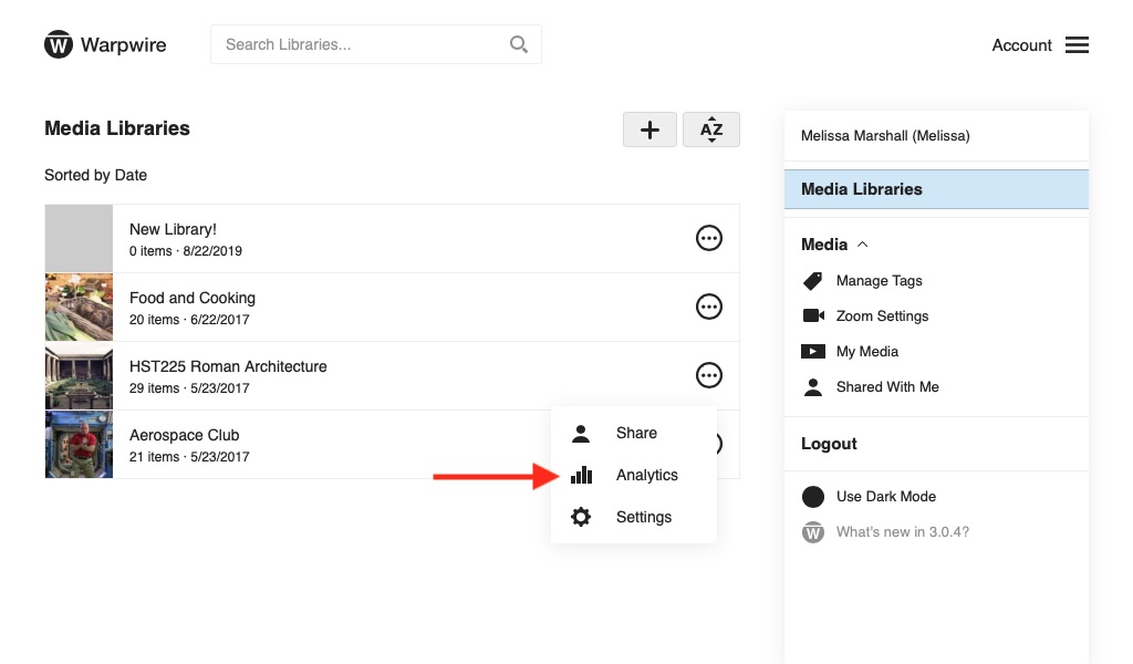 analytics link from all Media Library page within the Warpwire video platform