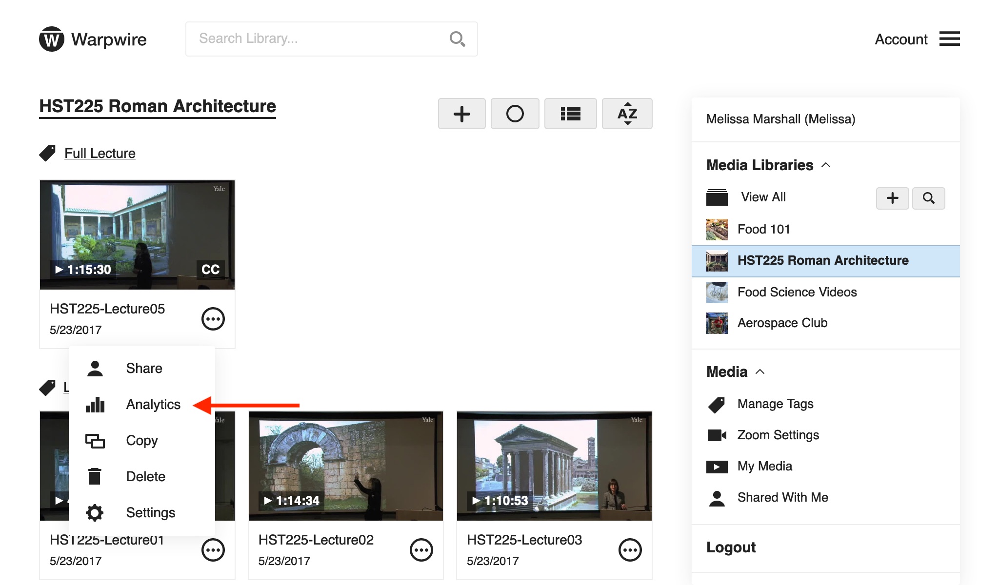 Asset settings dropdpown menu within the Warpwire media platform