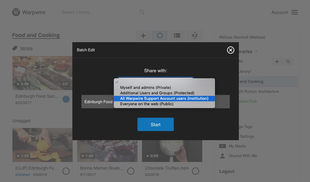 Panel within the Warpwire media library showing dropdown menu for share options