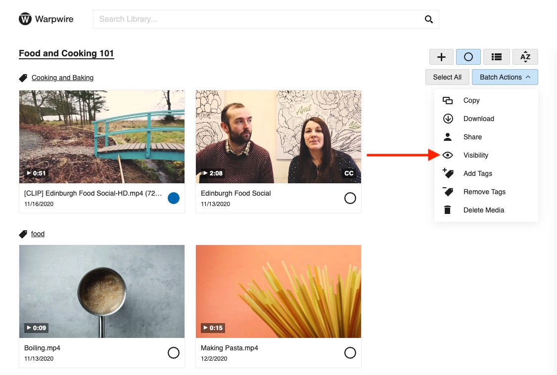 Using 'Batch Actions', assets are selected and 'Visibility' is highlighted under the dropdown menu