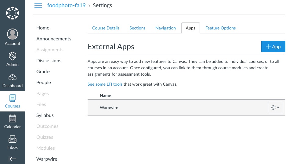 External Apps page within Canvas Settings page