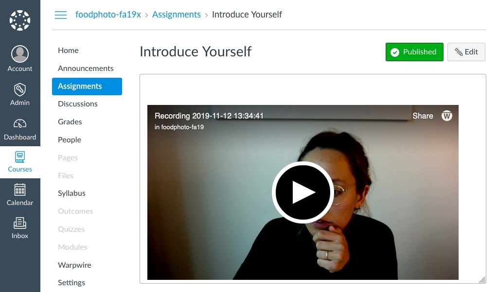 Recorded video on published assignment page within Canvas