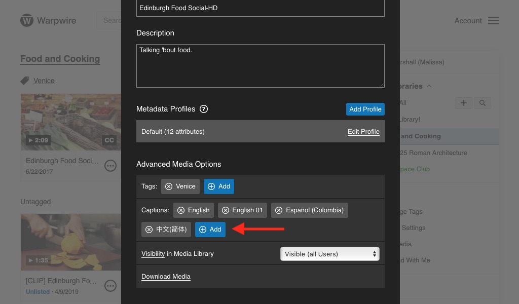 Media Options pane within Warpwire, including 'Add' button for captions