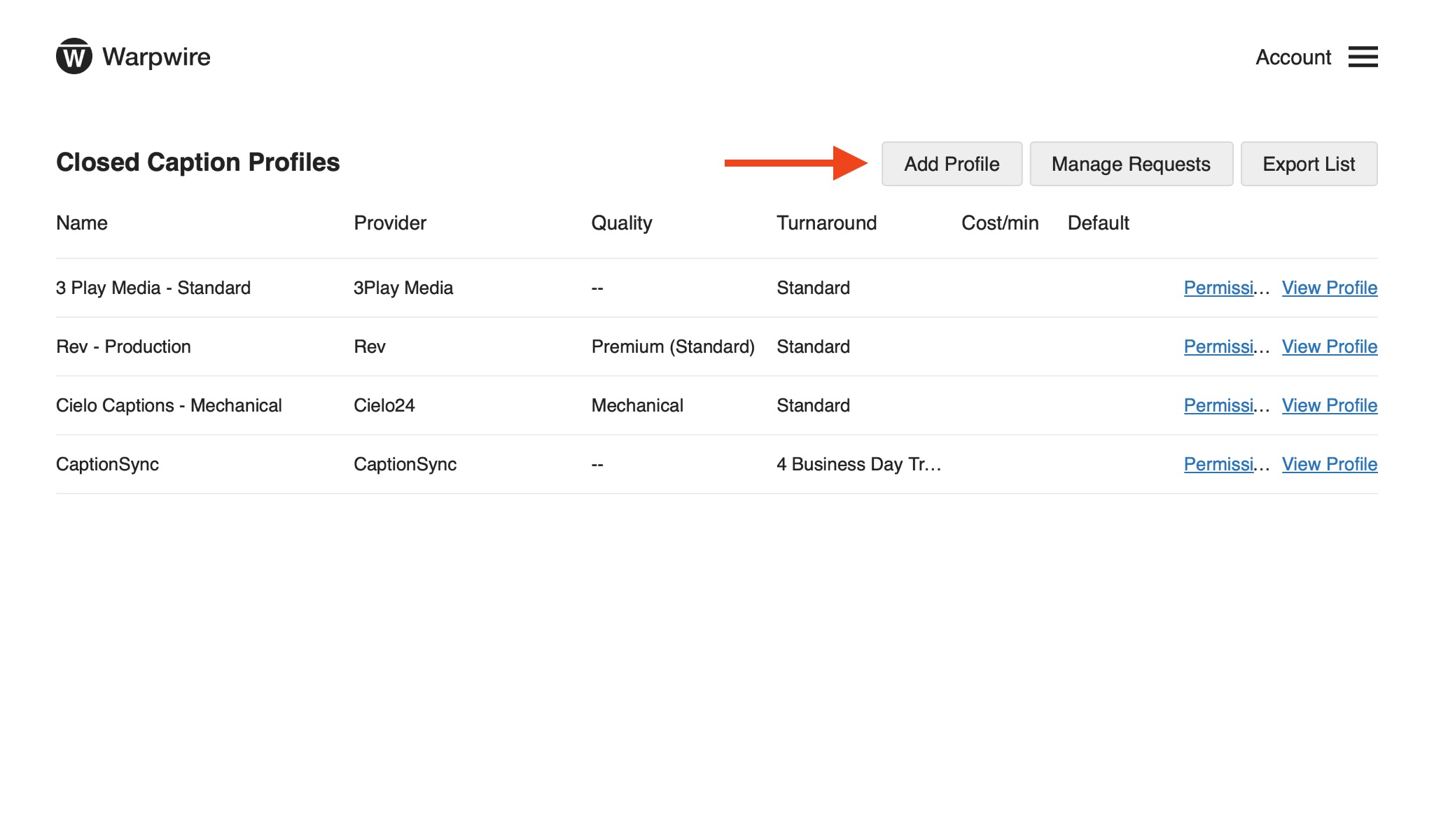 Manage Profiles link in upper-right of admin tool, red arrow pointing to 'Add Profile'