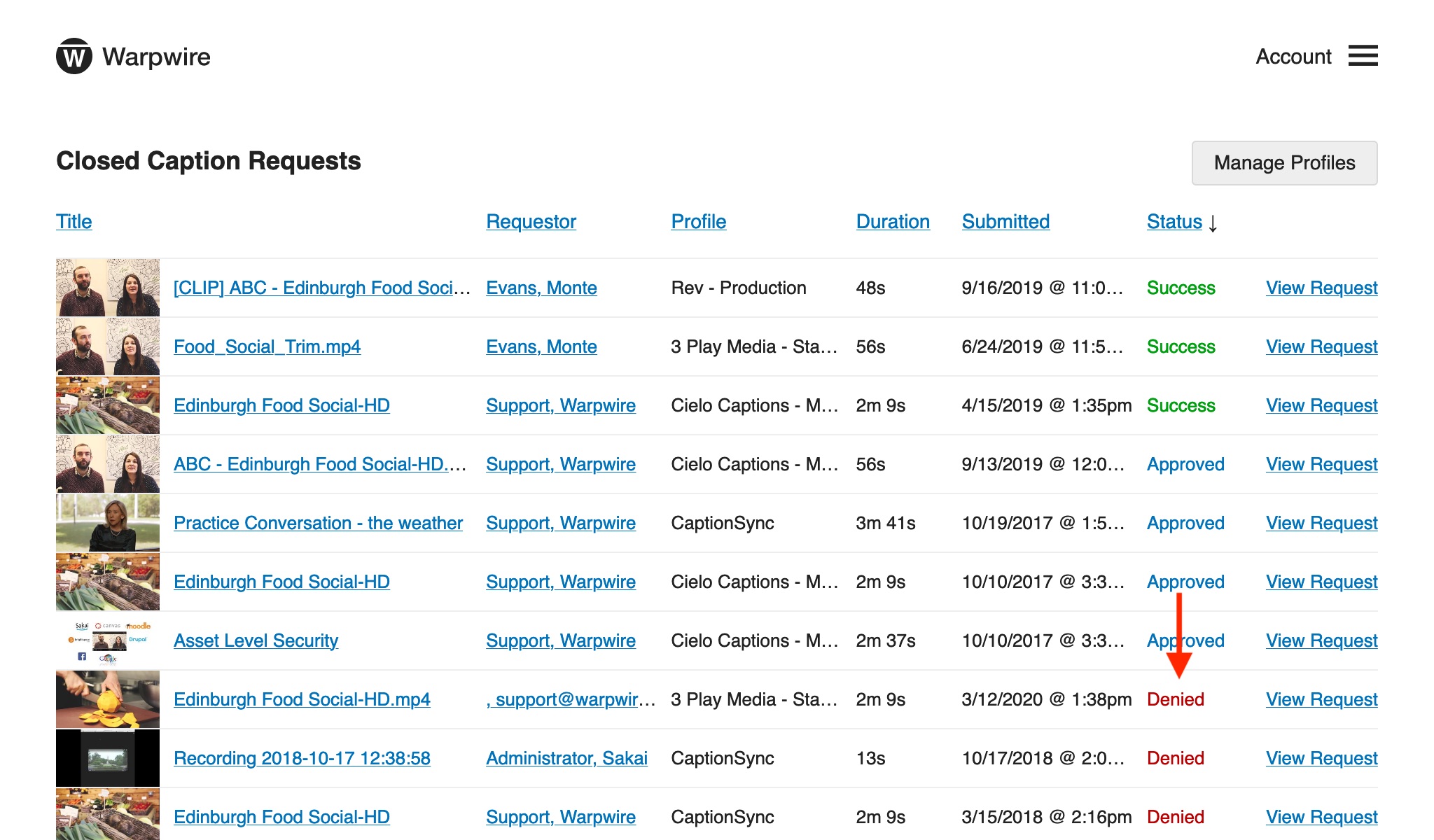 List of caption requests with several in 'Denied' state