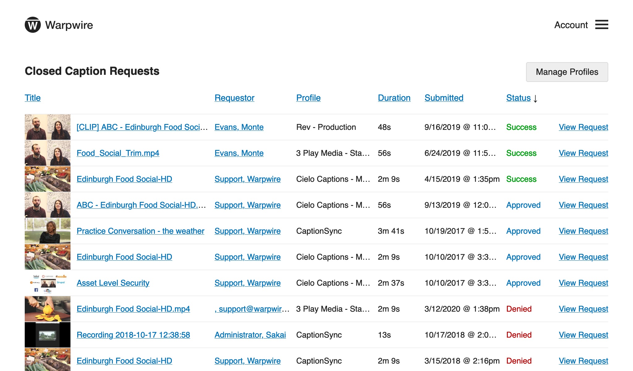 Page within Warpwire showing all closed caption requests, sorted by Profile