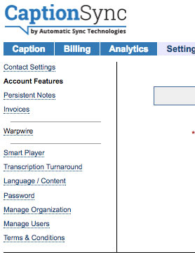 CaptionSync account features page