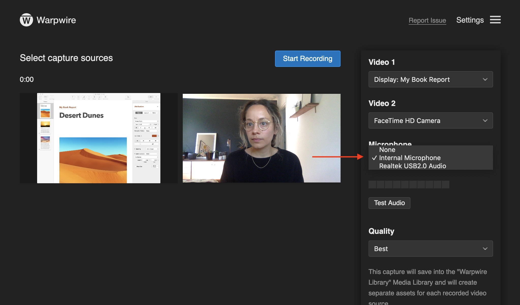 Select your microphone while recording in the Warpwire Multi-Source Capture tool.