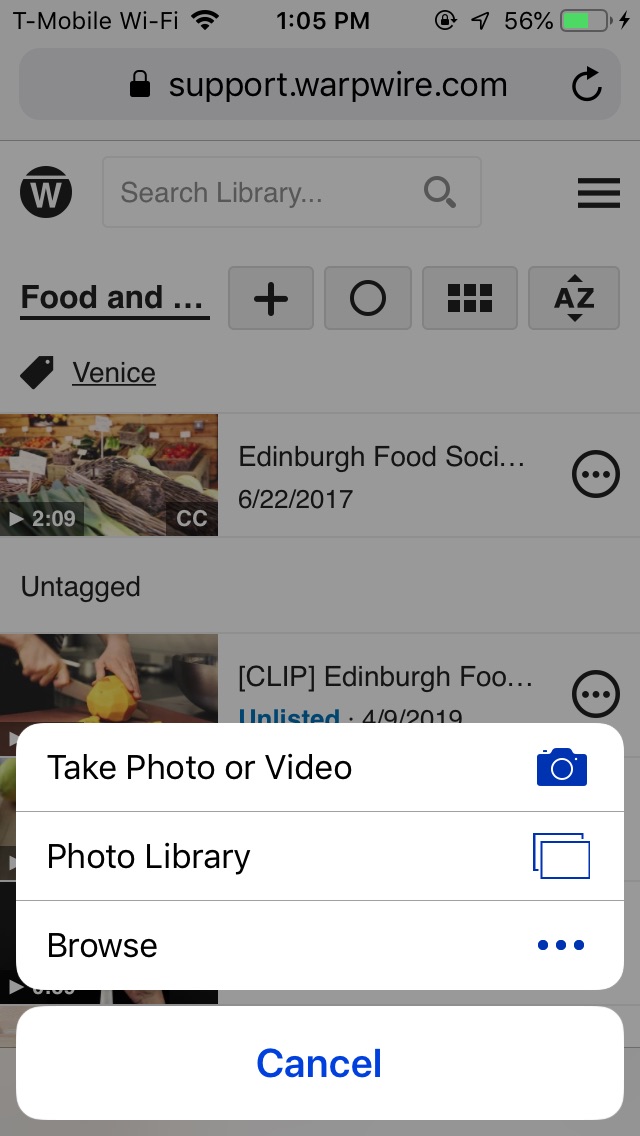 Warpwire video platform on mobile device, upload interface on iOS