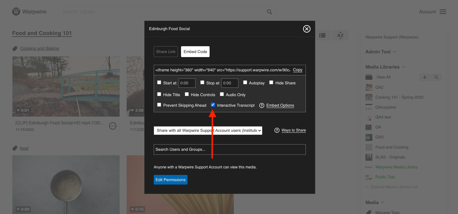 Embed Code options for a video within Warpwire, the interactive transcript box is checked
