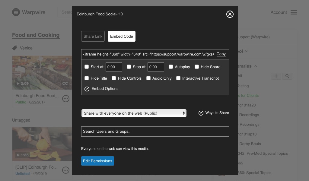 Embed Code pane for media asset within the Warpwire media library