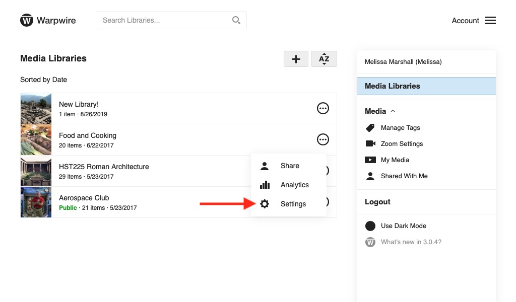 Warpwire Media Library options dropdown menu