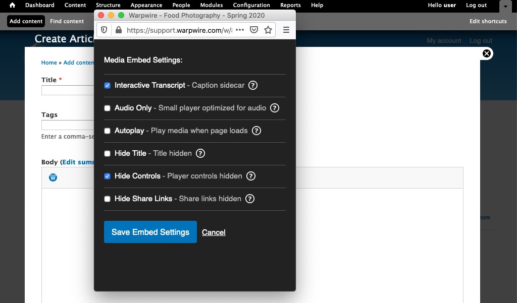 Media Embed Settings within the Warpwire for Moodle instance text editor