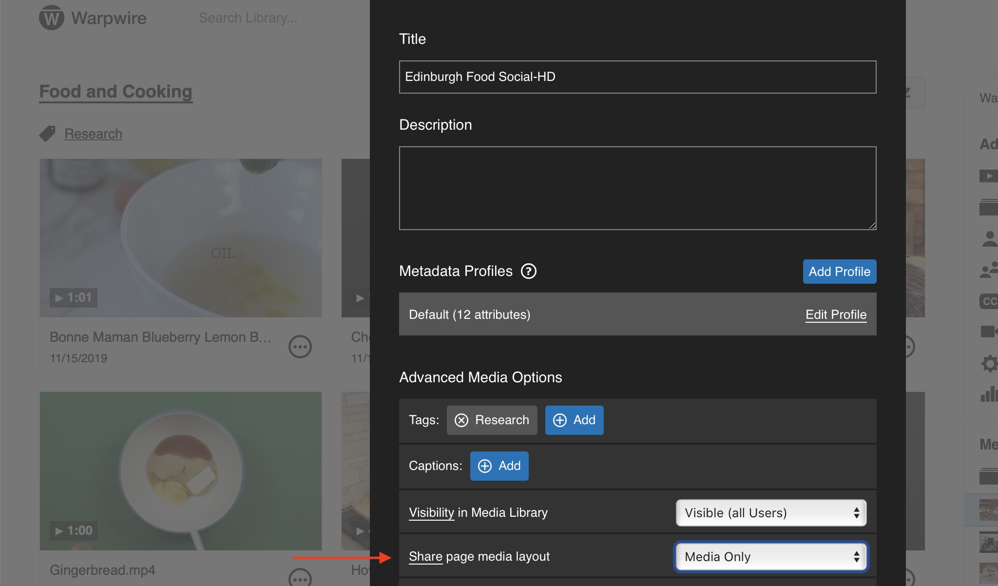 Media asset option settings with red arrow pointing to share page media layout