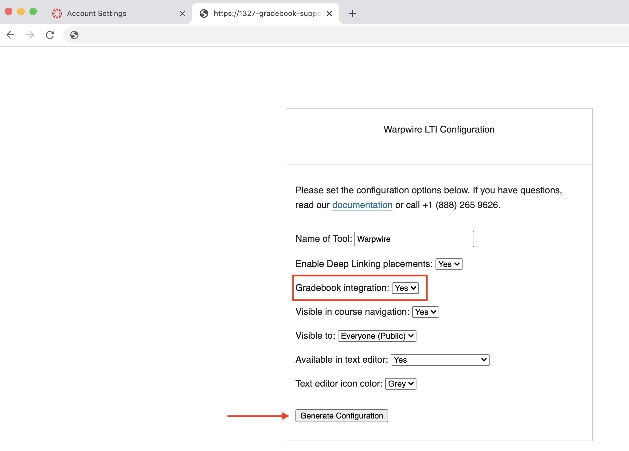 Canvas LTI configuration settings page