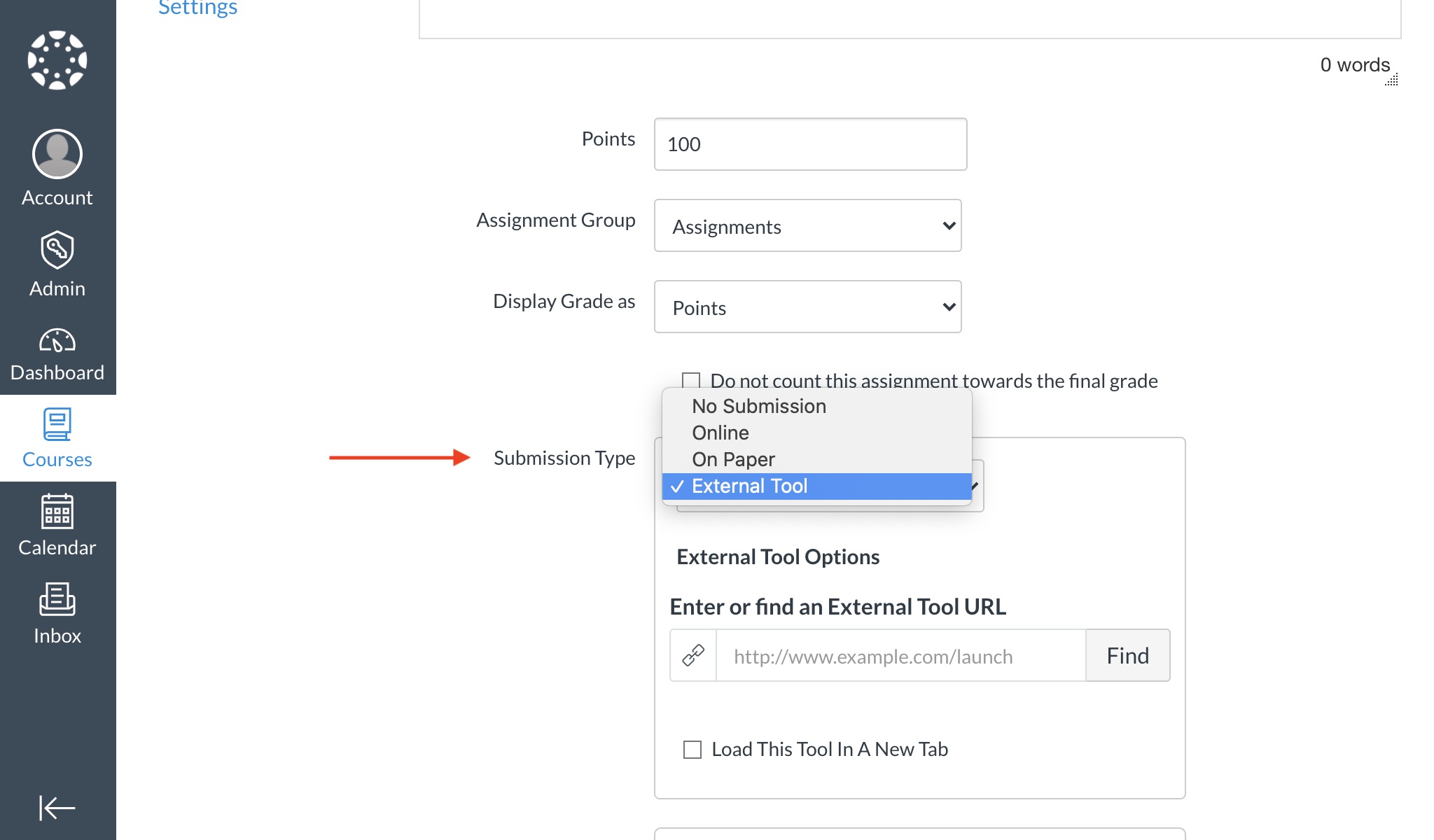 Select External Tool from the Canvas Submission Type otpions.