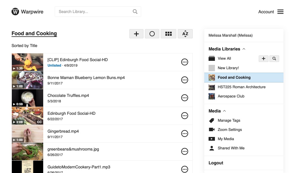 Warpwire Media library in the list view