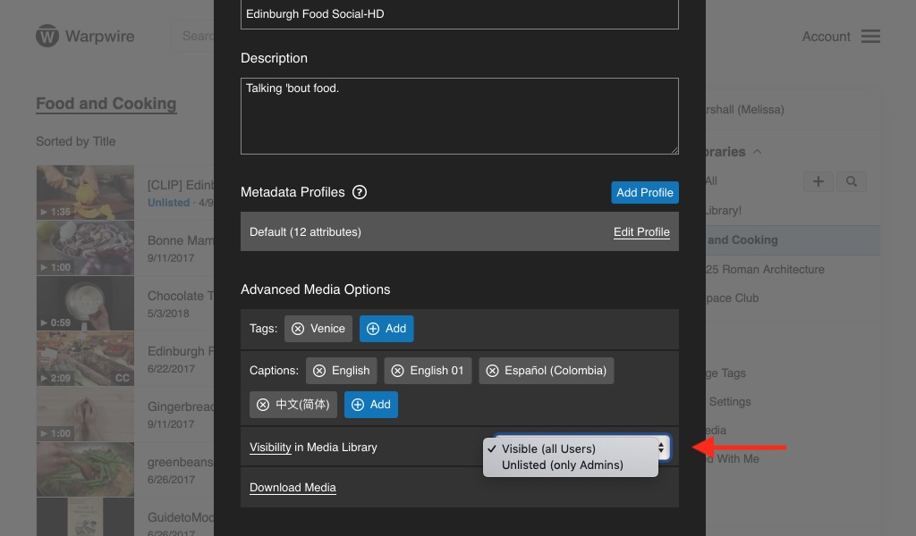 Panel for Warpwire Media Library visibility, with 'Unlisted' selected'