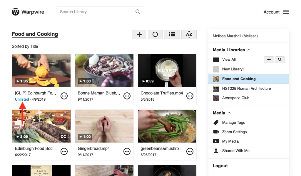 View of Warpwire Media Library with unlisted video among others