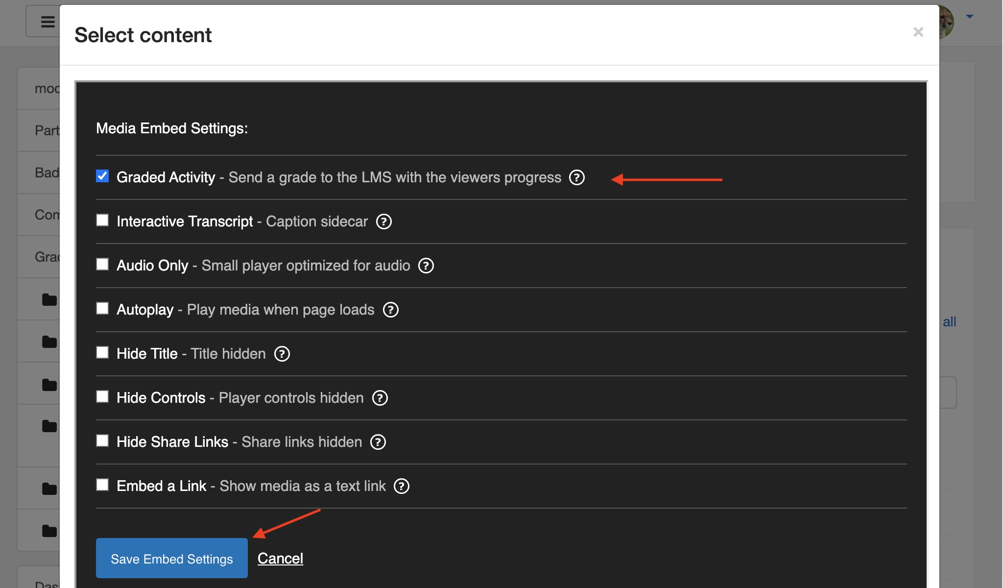 Check the Gradebook box and then save your new Embed Settings.