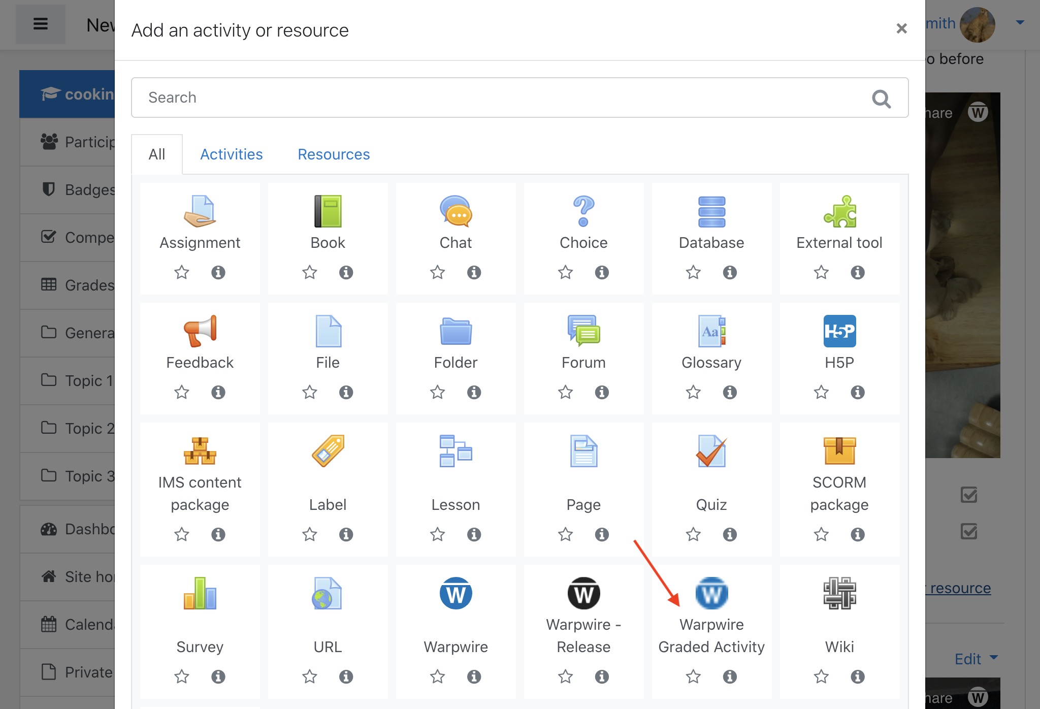 Select the Warpwire Activity from the activity and resource menu in Moodle.