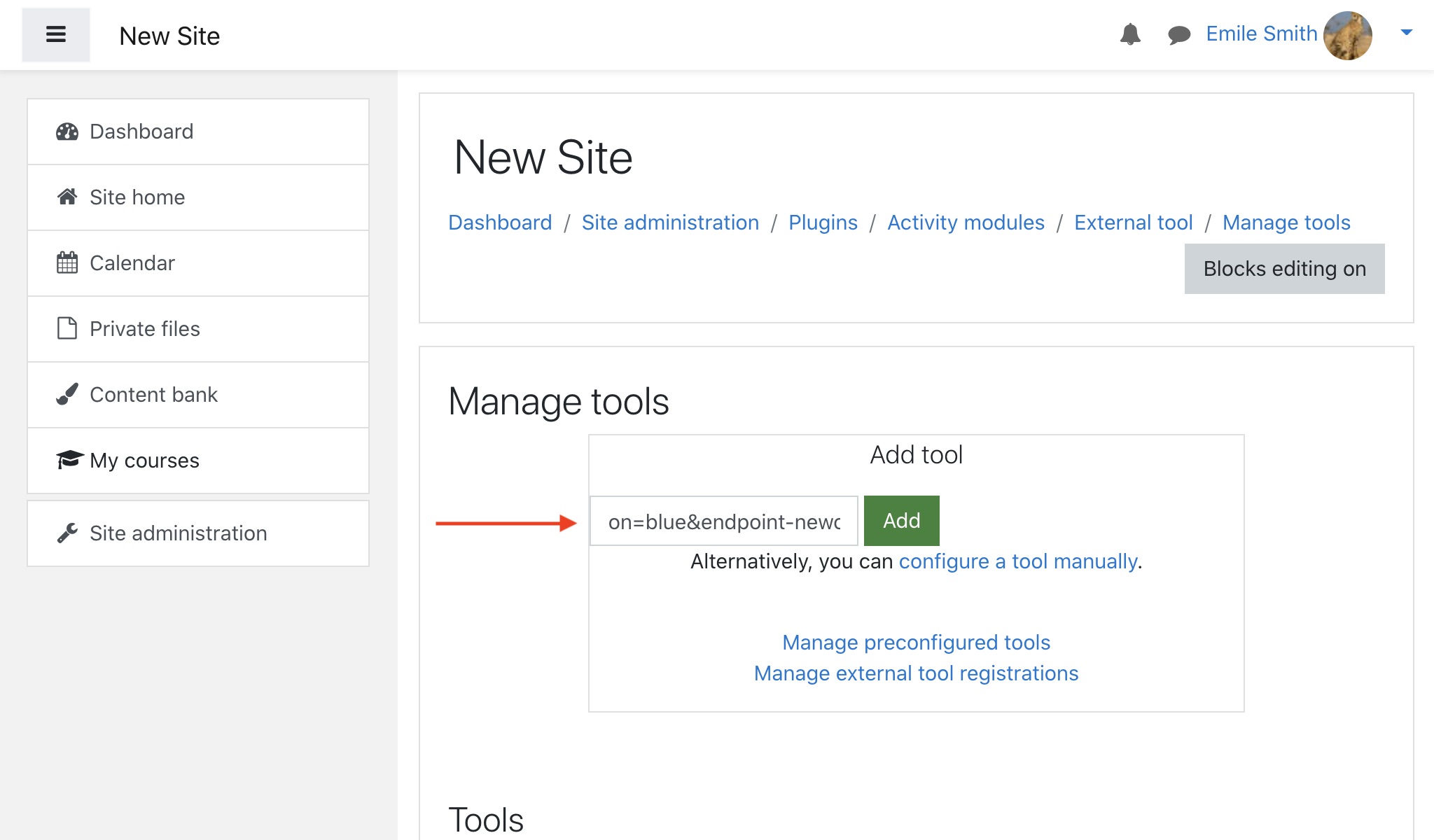 Paste the generated link into the Manage Tools box.