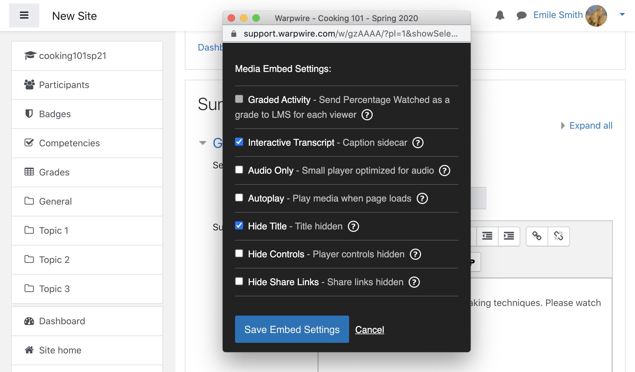 Media Embed Settings for Warpwire media in the Moodle LMS