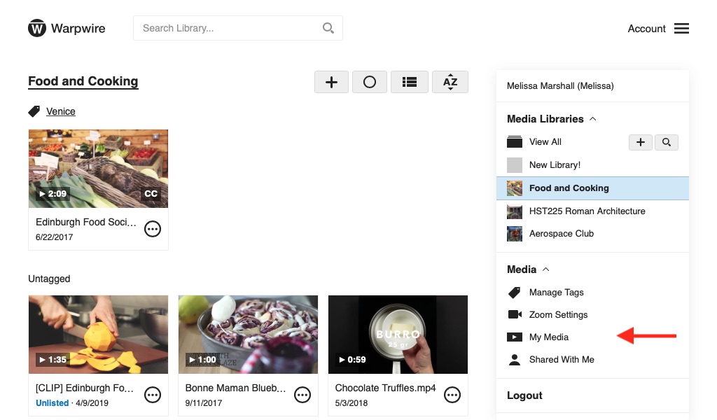 Warpwire Media Library view with My Media link shown