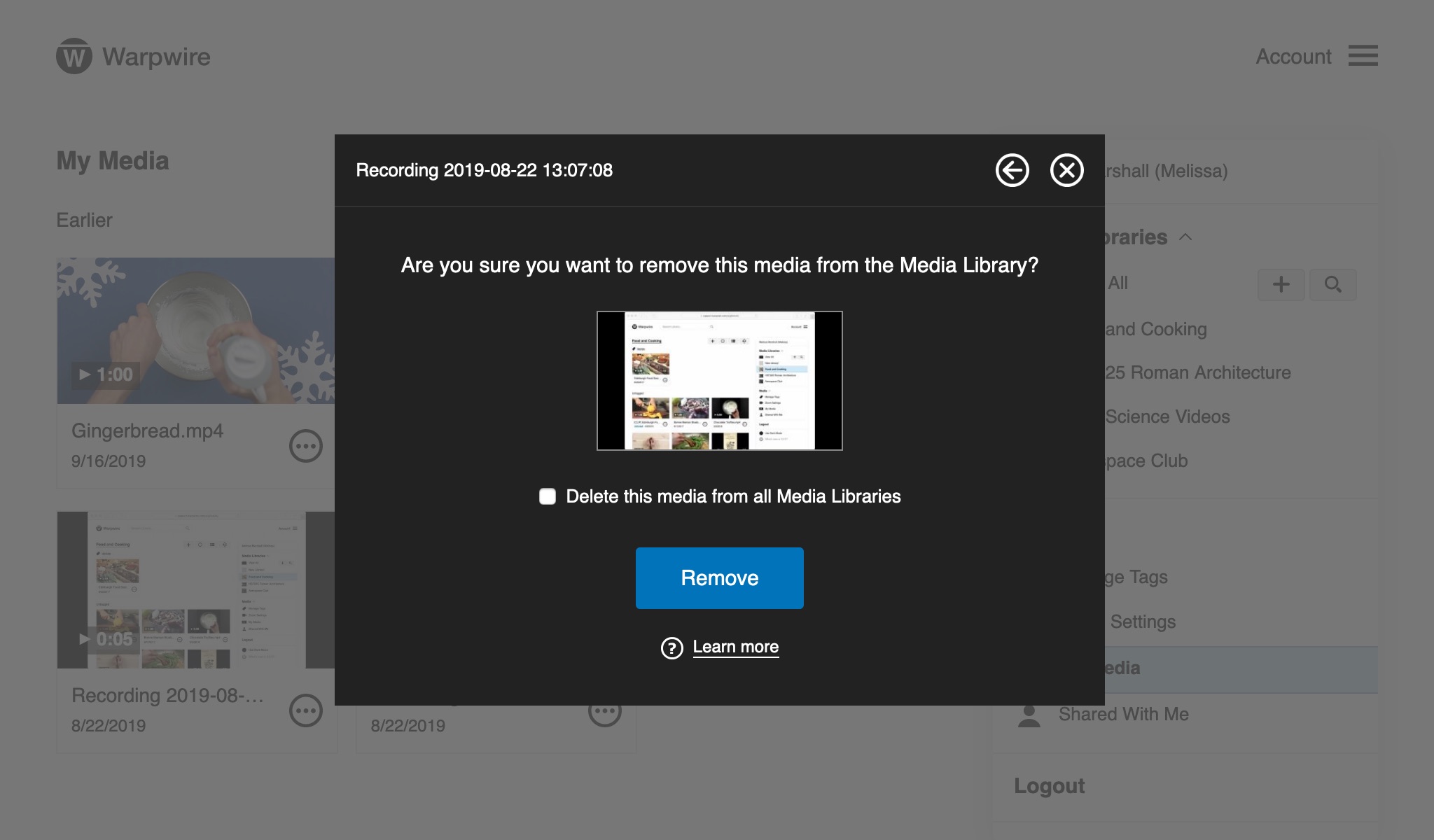 Confirmation screen for deleting media, 'Remove' button in blue