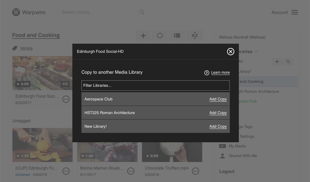 List of Media Libraries to copy to, with search box
