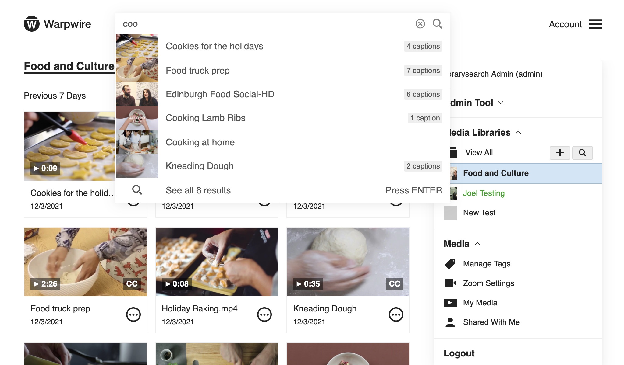 View of Warpwire Media Library with search bar activated
