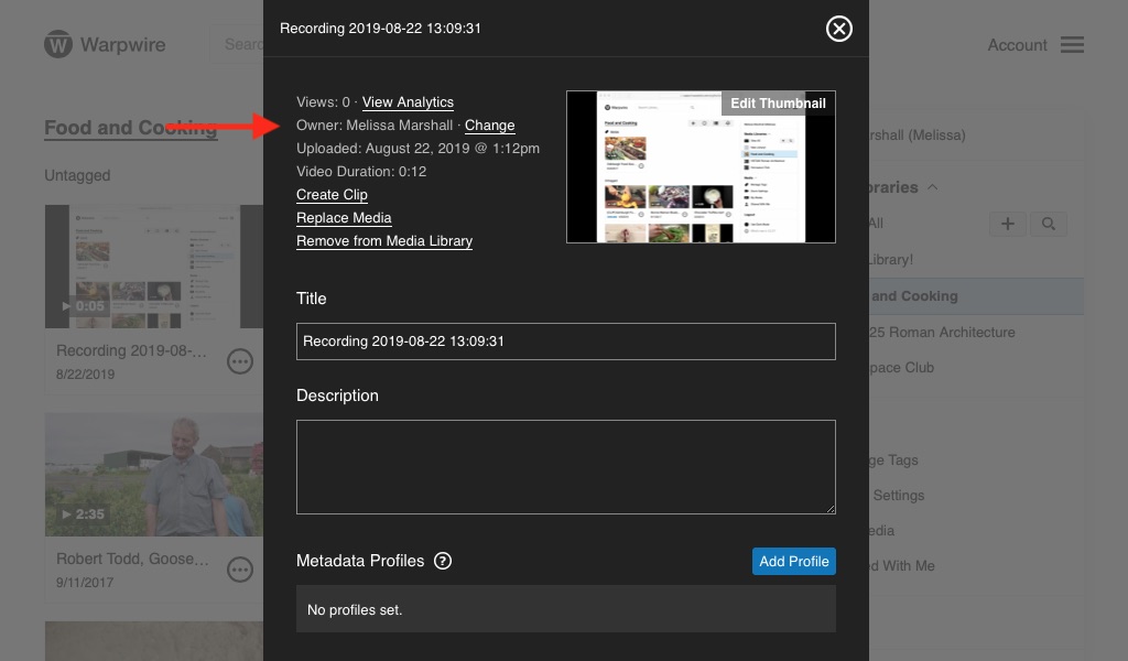 Settings panel for video allowing a user search for asset transfer