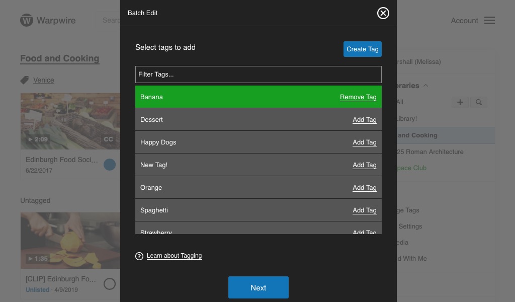 List of tags within 'Batch Edit' panel, one is selected and highlighted in green