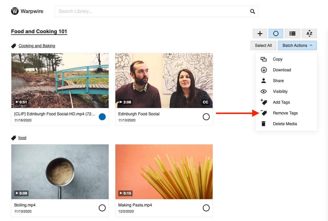 'Batch Edit' dropwdown menu within the Warpwire library with 'Remove Tags' action selected
