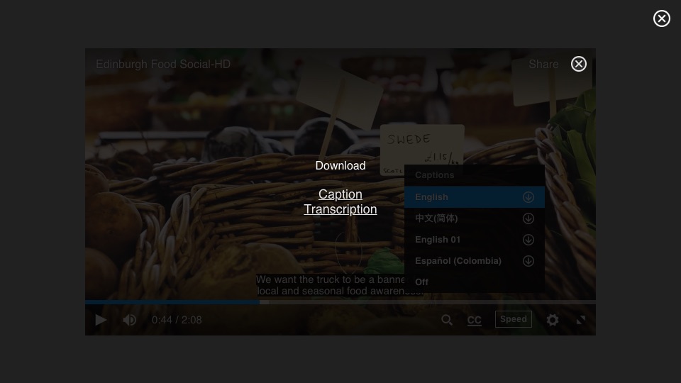 Video player with caption and transcription download overlay