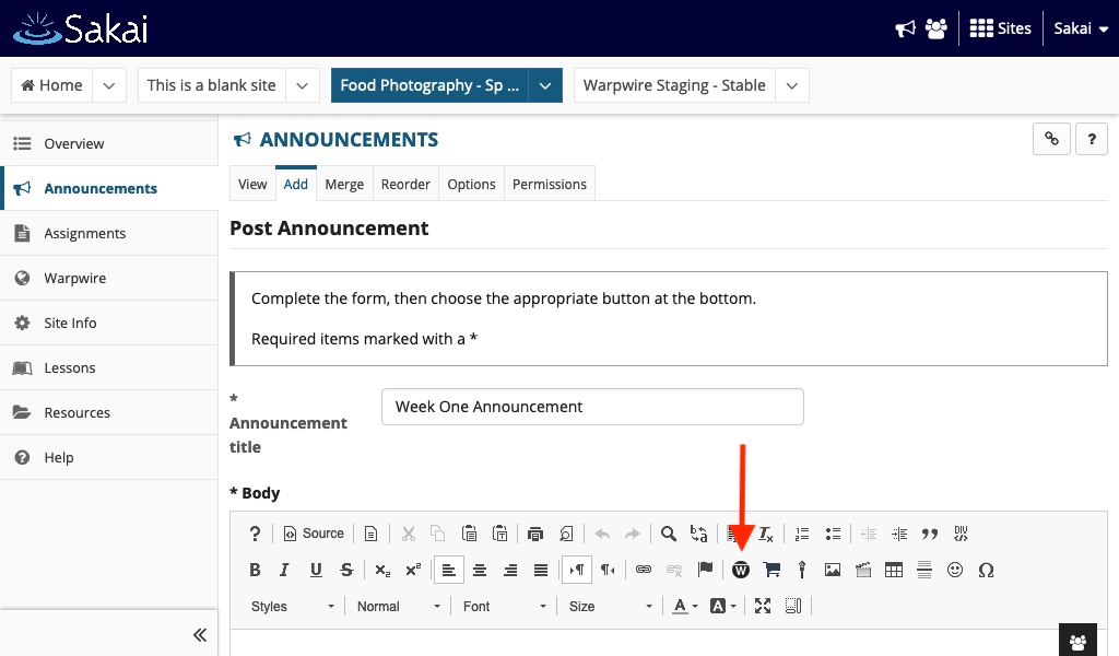 Sakai text editor closeup, red arrow pointing to Warpwire icon