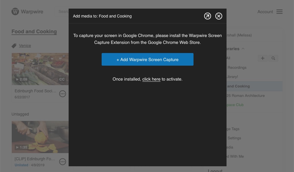 Alert prompting user to install the Warpwire Screen Capture Extension from the Google Chrome Web Store