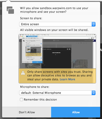 Firefox alert to grant entire screen and microphone access