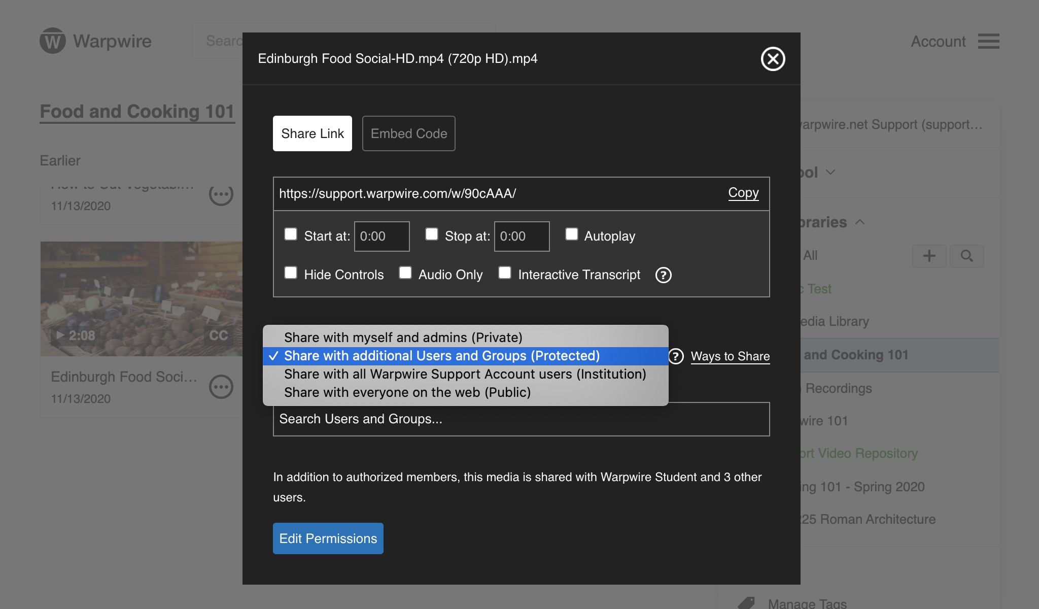 Warpwire media sharing options with 'Users and Groups' selected