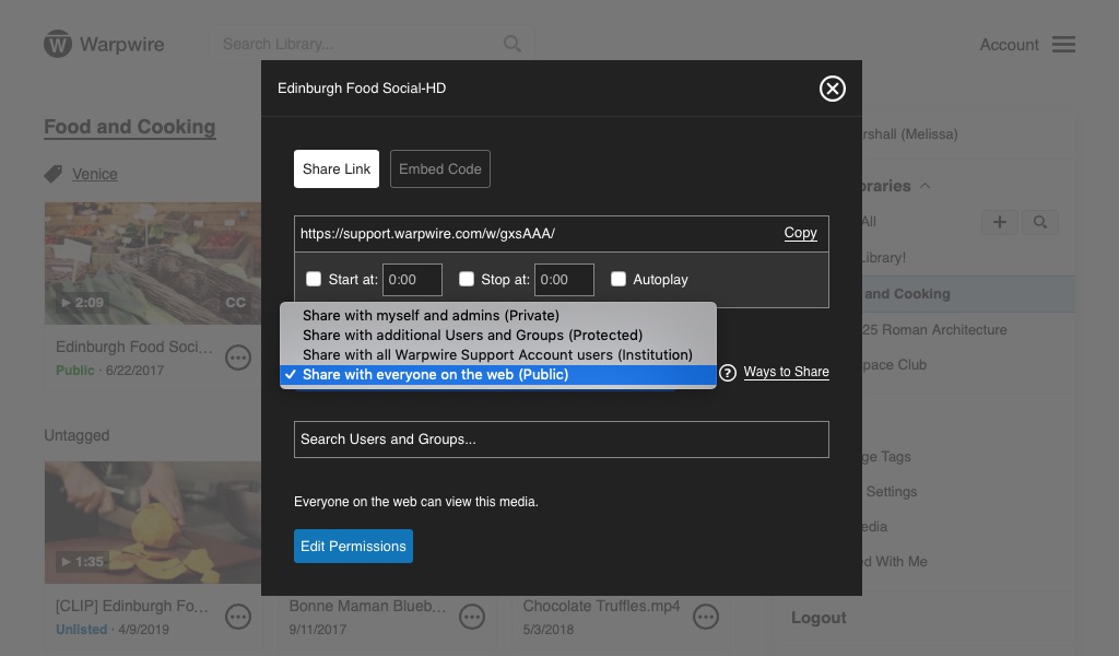 Media sharing options for Warpwire asset, 'Public' selected