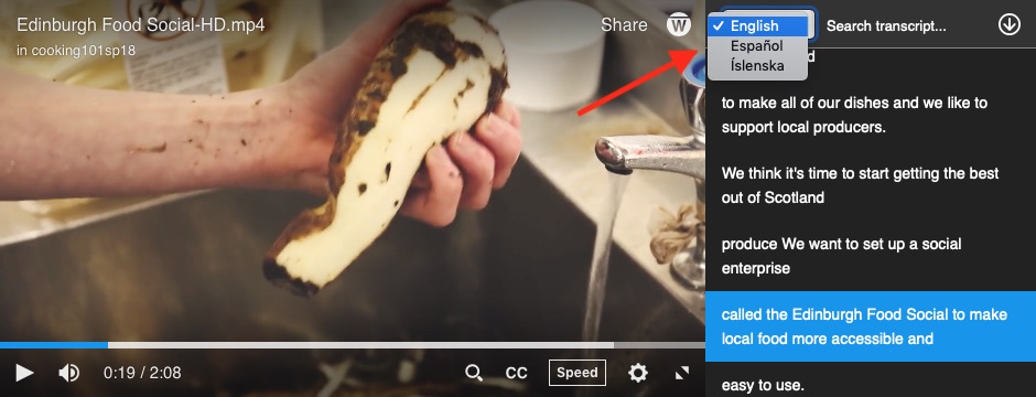 View of embedded video with line of dropdown menu of transcripts in multiple languages