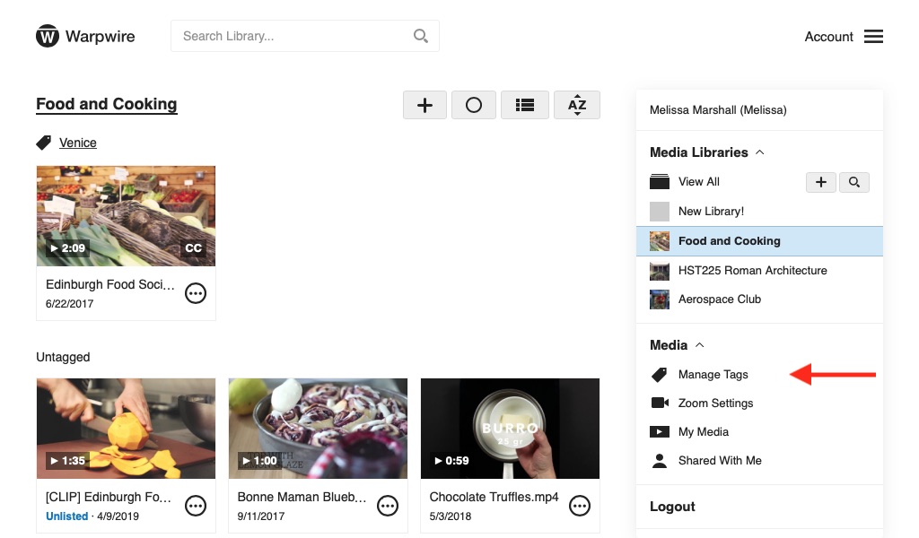 Manage Tags link from upper-right drodown menu of the Warpwire media platform