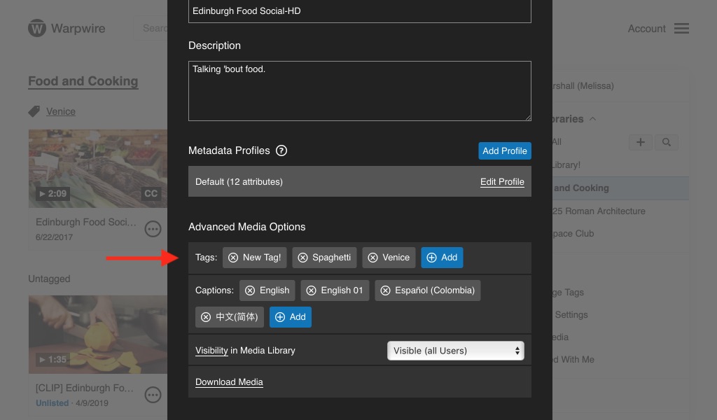 Media options view, showing list of asset tags