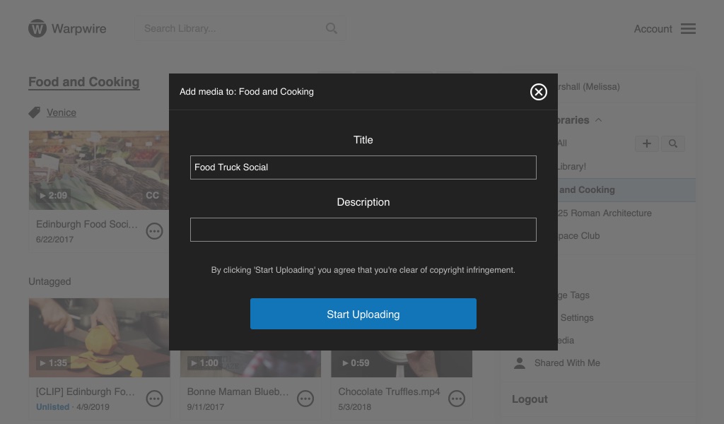 User input fields for asset Title and Description