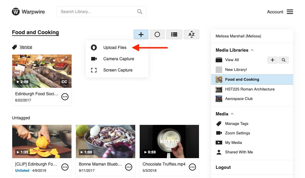 Add Content dropdown menu within the Warpwire media library, 'Upload Files' selected
