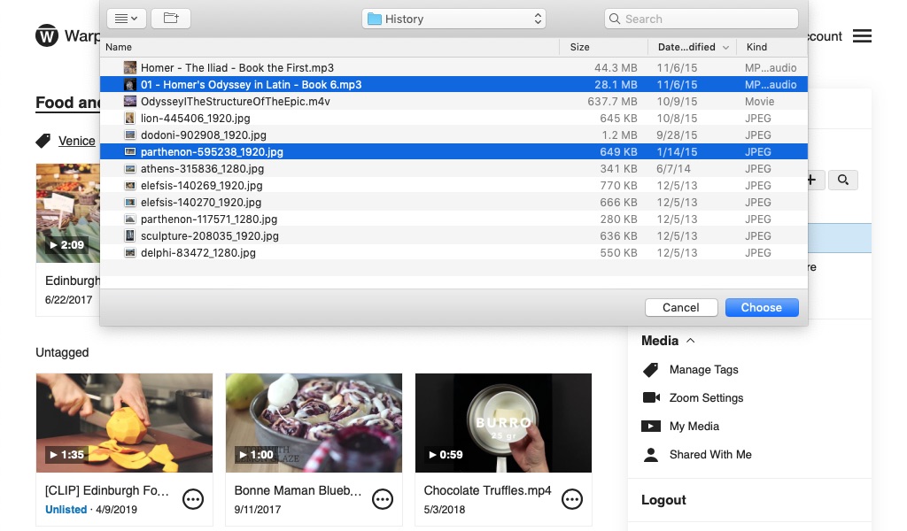 File browser open within the Warpwire media library, with two files selected
