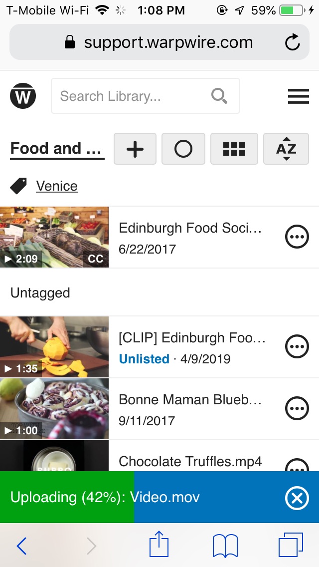 Warpwire media library on mobile device, with recent upload in progress